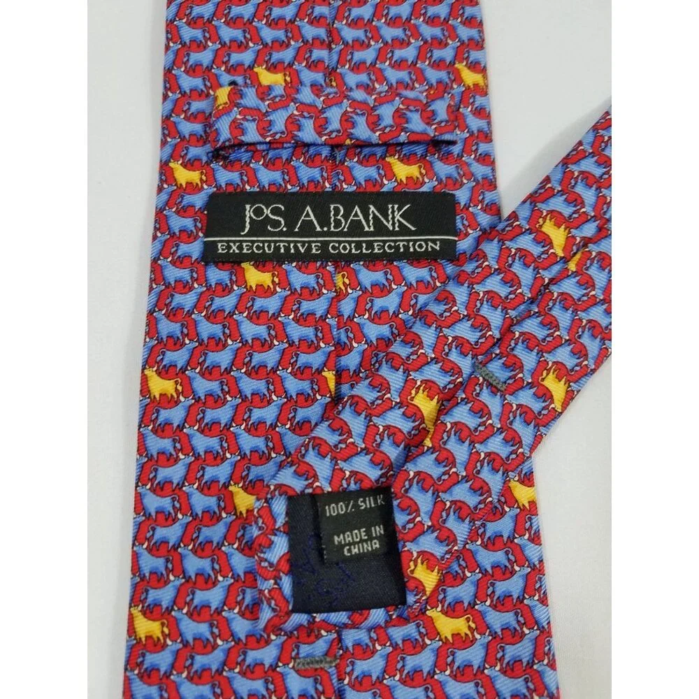Jos A. Bank Mens Silk Tie Executive Collection Red Blue Cow Bull Steer Print